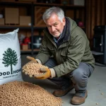 Homme examinant des pellets Piveteau dans un garage avec un poêle à granulés en arrière-plan