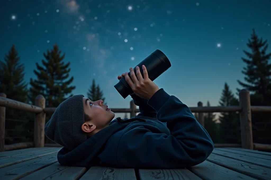 Adolescent allongé sur une terrasse d'observation, utilisant des jumelles pour explorer le ciel étoilé