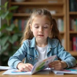 Adolescente consultant le catalogue Leclerc fournitures scolaires 2026 à son bureau de travail