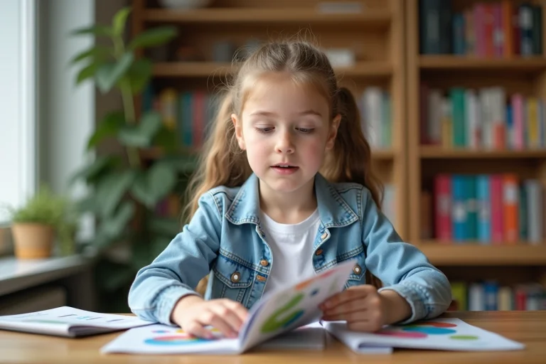 Adolescente consultant le catalogue Leclerc fournitures scolaires 2026 à son bureau de travail