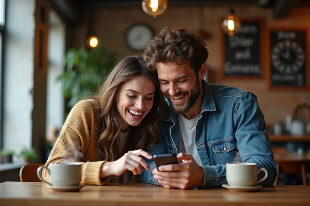Deux amis résolvant ensemble une énigme de jeu d'évasion sur smartphone dans un café urbain, expression animée et complice