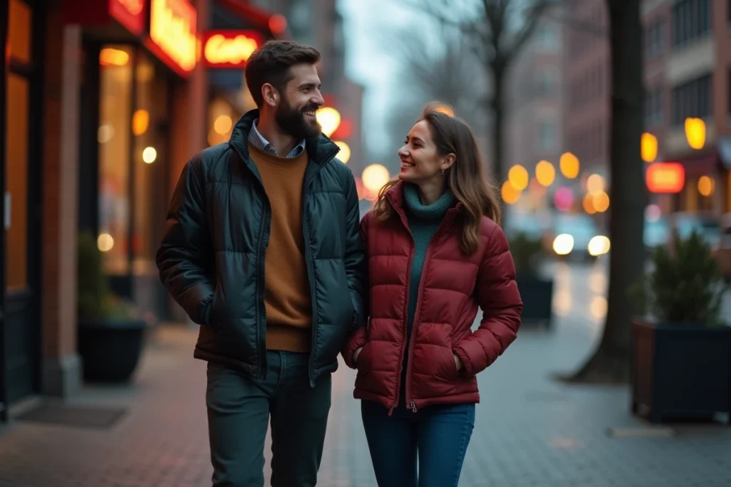 Un homme et une femme riant ensemble dans une rue urbaine, illustrant une amitié sincère née après un tournage de film romantique