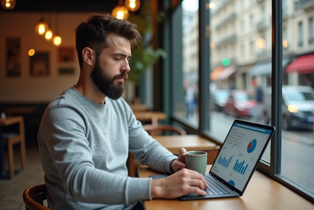 Entrepreneur analysant ses statistiques de présence en ligne depuis un café parisien avec une tablette