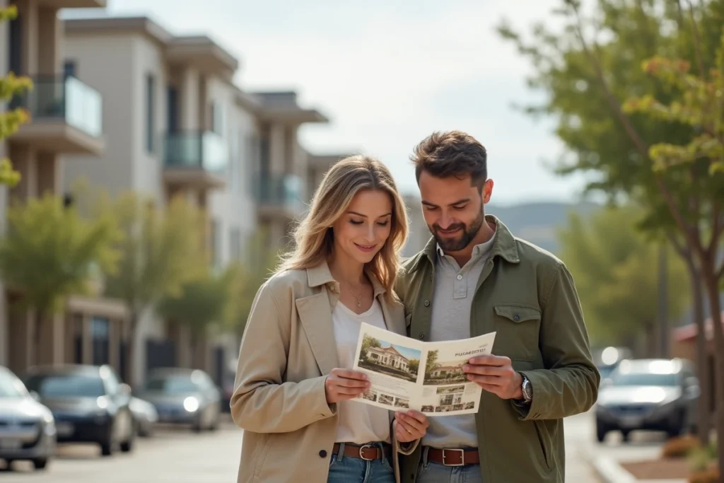 Couple examinant une brochure immobilière devant un immeuble résidentiel neuf dans un quartier urbain