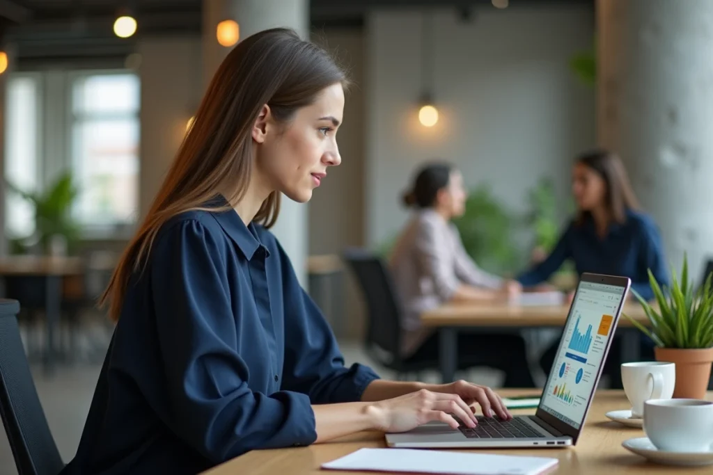 Professionnelle créant du contenu web sur un ordinateur portable dans un bureau moderne et créatif