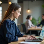 Professionnelle créant du contenu web sur un ordinateur portable dans un bureau moderne et créatif