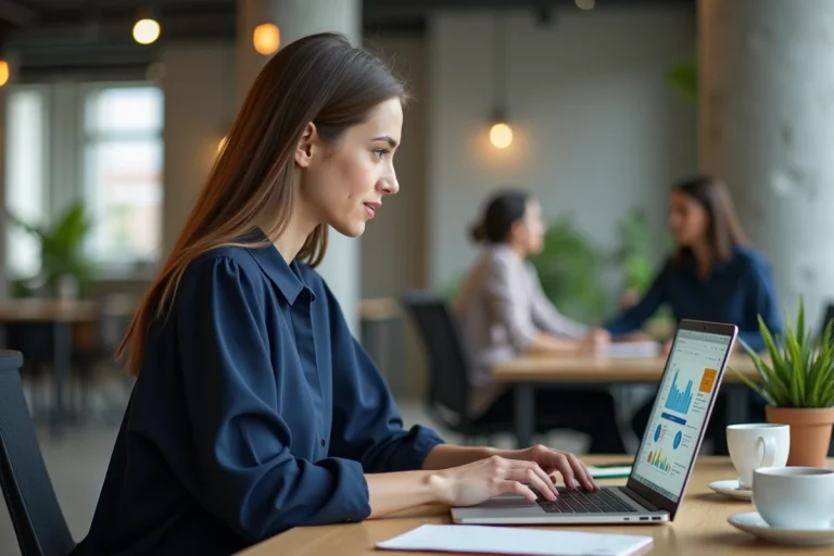 Professionnelle créant du contenu web sur un ordinateur portable dans un bureau moderne et créatif