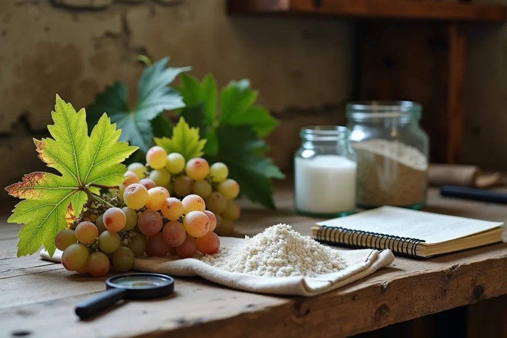 Échantillons de feuilles de vigne malades et produits de traitement phytosanitaire sur un établi de laboratoire viticole