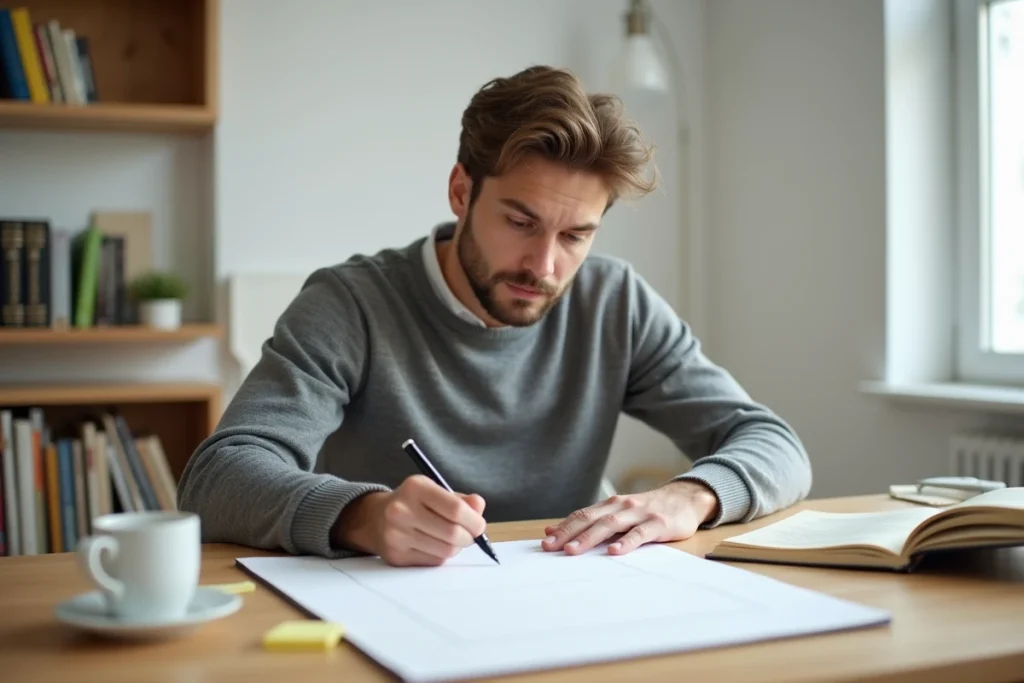 Jeune entrepreneur remplissant un canvas vierge à la main dans un bureau à domicile minimaliste