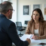 Conseillère Pôle emploi et demandeur d'emploi en entretien de suivi dans une agence France Travail moderne