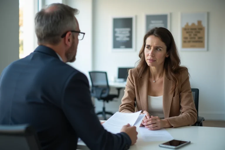 Conseillère Pôle emploi et demandeur d'emploi en entretien de suivi dans une agence France Travail moderne