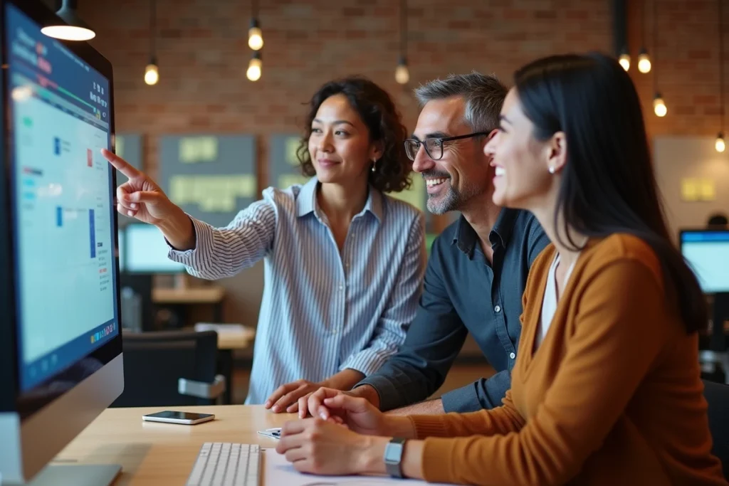 Équipe de professionnels discutant d'une stratégie de contenu web autour d'un écran dans un espace de coworking