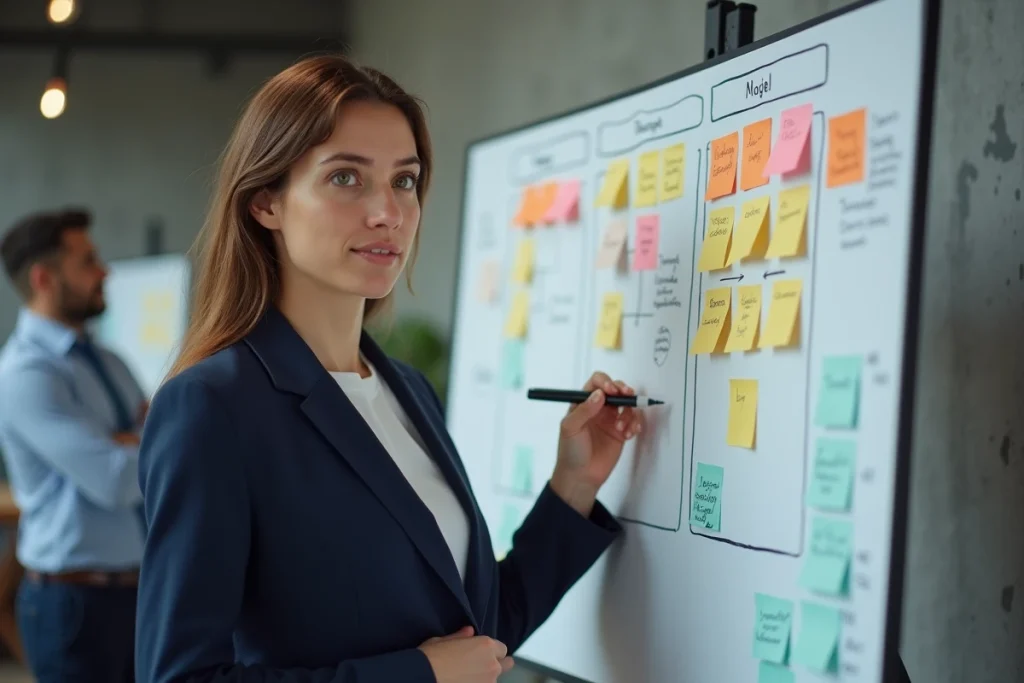 Femme d'affaires devant un tableau canvas rempli de post-its colorés dans un bureau moderne