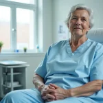 Femme en blouse médicale assise sur une table d'examen après une IRM, expression de légère fatigue dans une salle de consultation hospitalière moderne