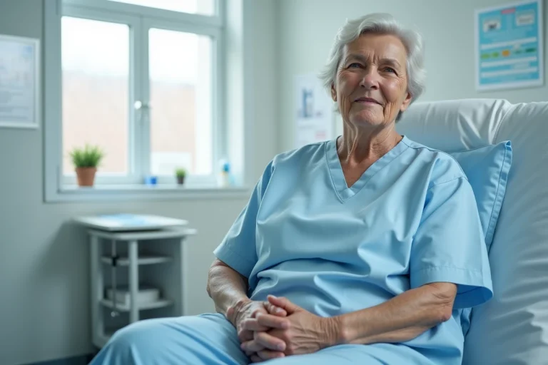 Femme en blouse médicale assise sur une table d'examen après une IRM, expression de légère fatigue dans une salle de consultation hospitalière moderne