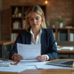 Femme indépendante travaillant à son bureau à domicile, consultant des documents professionnels dans un espace de travail moderne