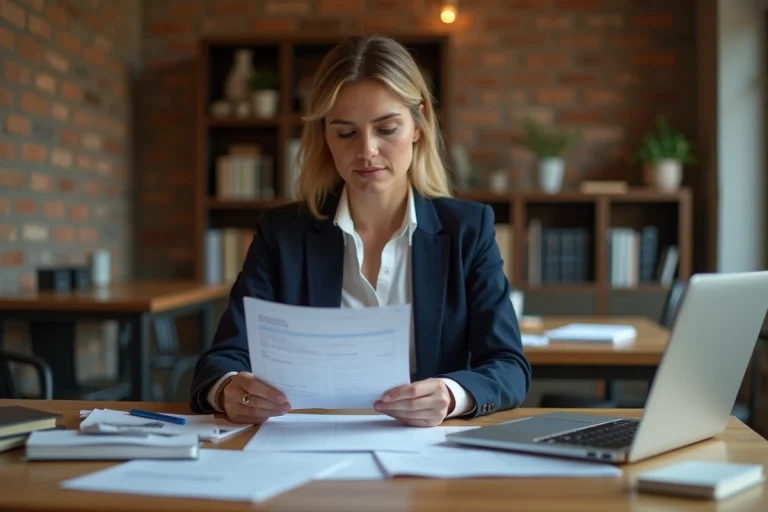 Femme indépendante travaillant à son bureau à domicile, consultant des documents professionnels dans un espace de travail moderne
