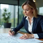 Femme professionnelle analysant des plans immobiliers dans un bureau moderne pour optimiser ses investissements