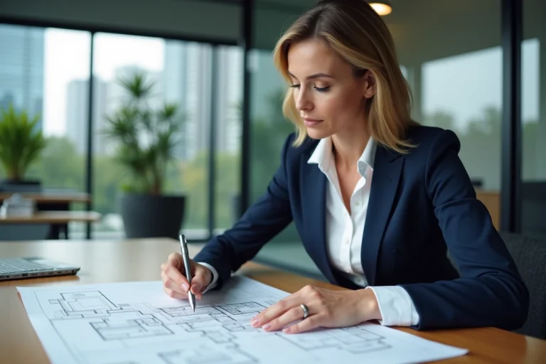 Femme professionnelle analysant des plans immobiliers dans un bureau moderne pour optimiser ses investissements