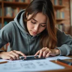 Femme concentrée résolvant une énigme sur une application de jeu d'évasion sur smartphone, entourée de notes manuscrites sur un bureau en bois