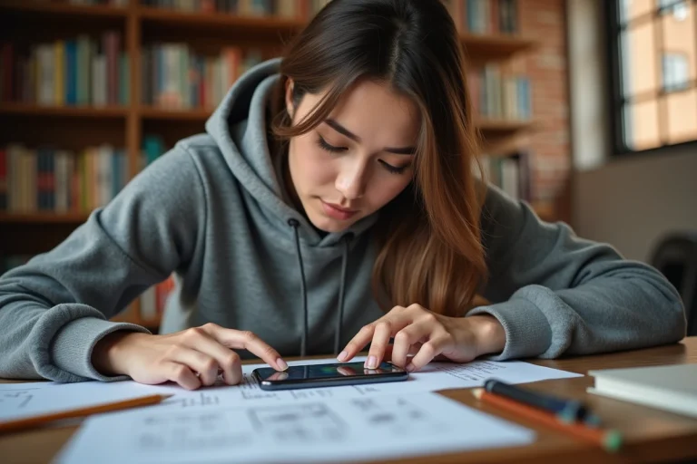 Femme concentrée résolvant une énigme sur une application de jeu d'évasion sur smartphone, entourée de notes manuscrites sur un bureau en bois