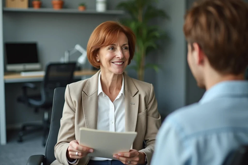 Femme senior en blazer beige lors d'un entretien avec un conseiller Pôle emploi, abordant la dispense de recherche d'emploi pour les travailleurs âgés