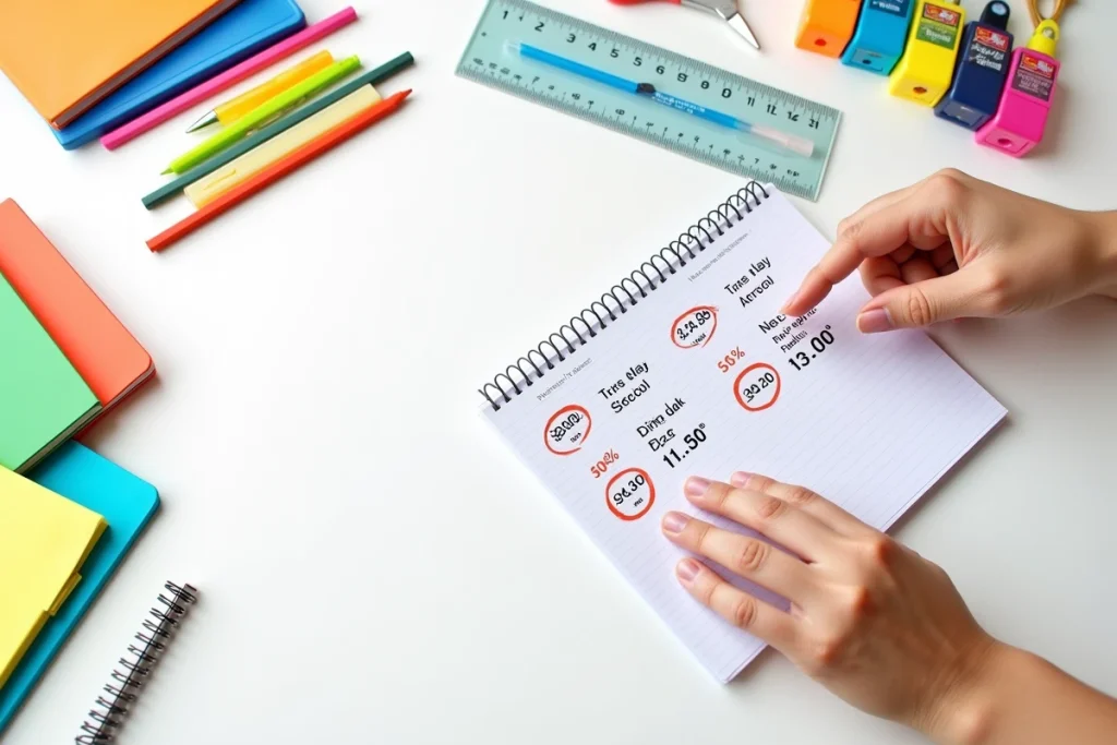 Flat lay de fournitures scolaires neuves avec prospectus promotionnel Leclerc rentrée 2026