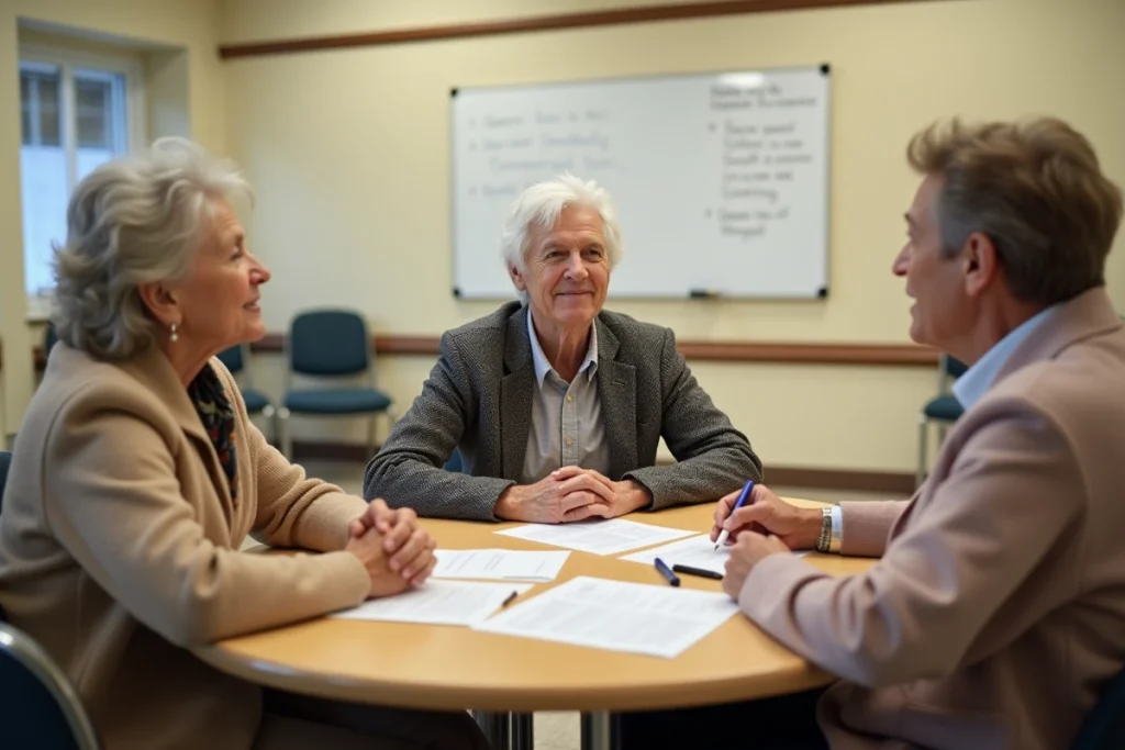 Groupe de seniors participant à une réunion d'information sur la dispense de recherche d'emploi dans une salle communautaire