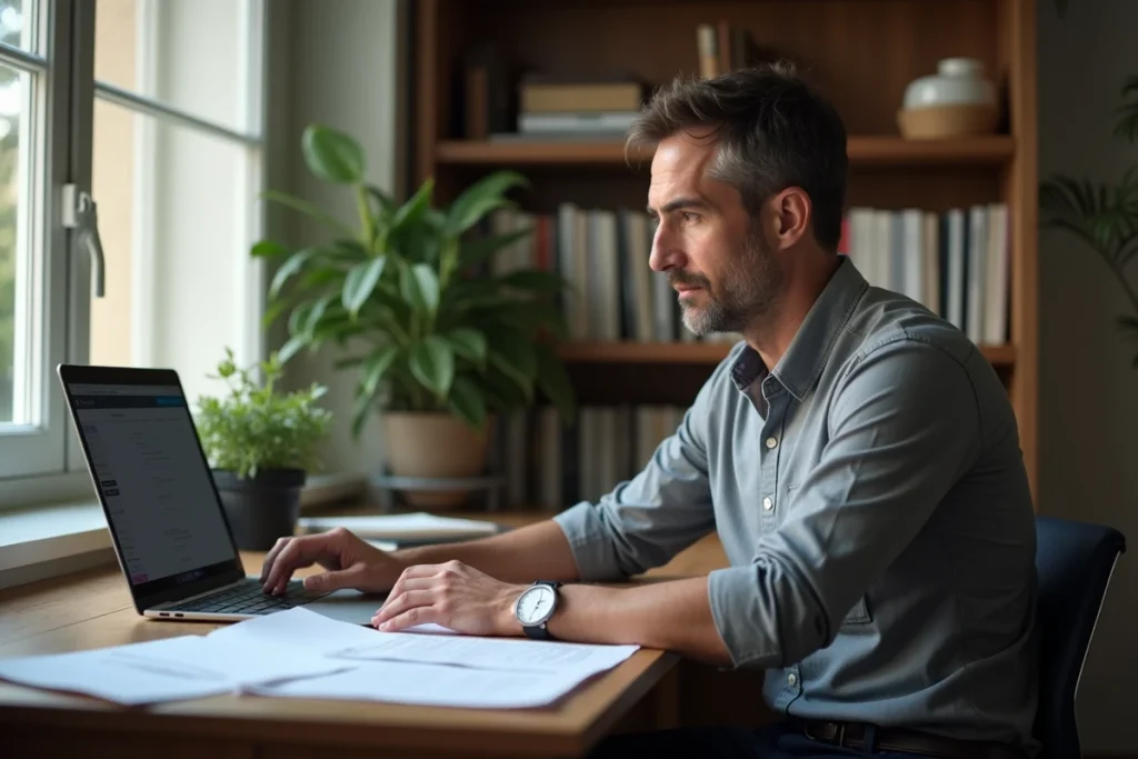 Homme seul consultant ses documents d'allocations chômage et obligations Pôle emploi depuis son domicile