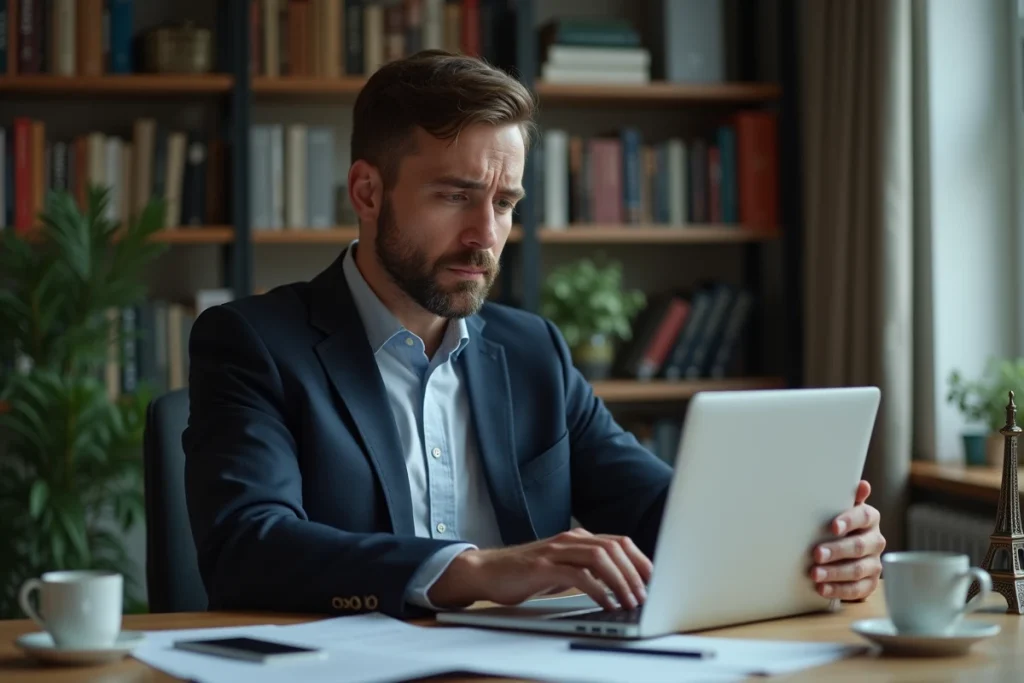 Homme consultant des documents légaux sur un ordinateur portable concernant la légalité des services de partage de fichiers en France