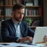 Homme consultant des documents légaux sur un ordinateur portable concernant la légalité des services de partage de fichiers en France