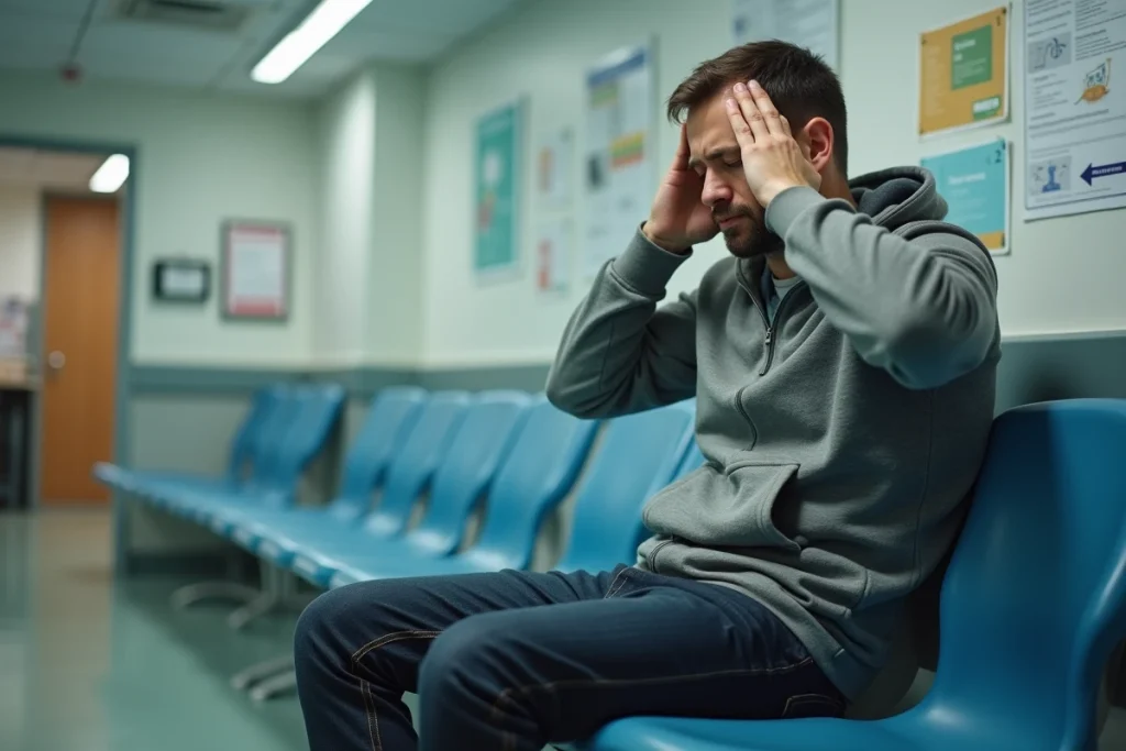 Homme en salle d'attente d'hôpital se tenant la tête avec les mains après un examen IRM, exprimant une légère douleur ou vertiges
