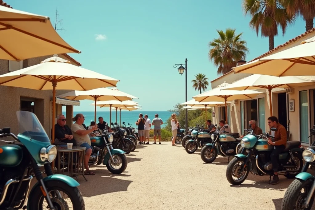 Hôtel bord de mer à Montalivet avec motos garées devant, hébergement pour le Show Bike 2026