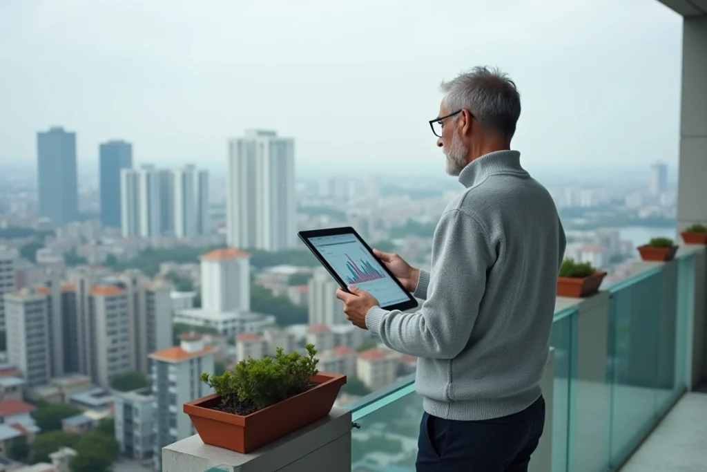 Homme investisseur immobilier sur un balcon urbain consultant des données de placement sur tablette face à la skyline de la ville