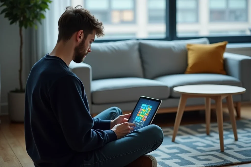 Jeune homme jouant à un jeu d'évasion de pièce sur tablette, assis en tailleur sur le sol d'un appartement moderne