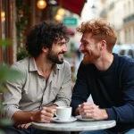 Deux hommes complices attablés en terrasse de café à Paris, symbolisant une relation amoureuse épanouie