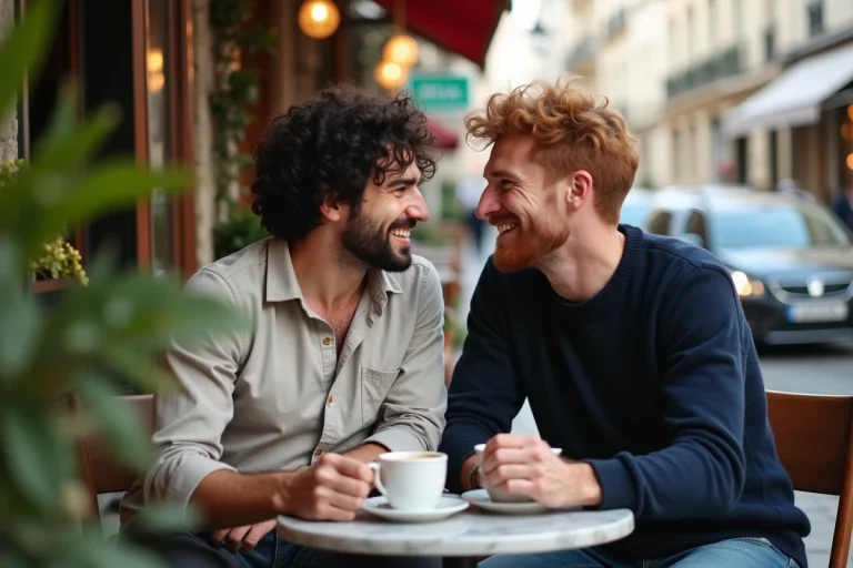 Deux hommes complices attablés en terrasse de café à Paris, symbolisant une relation amoureuse épanouie