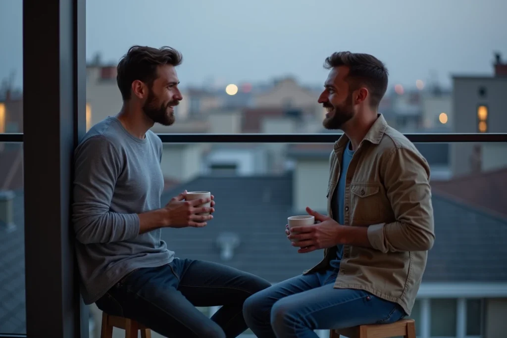 Deux hommes en moment de complicité sur un balcon urbain au coucher du soleil, illustrant une relation intime et moderne