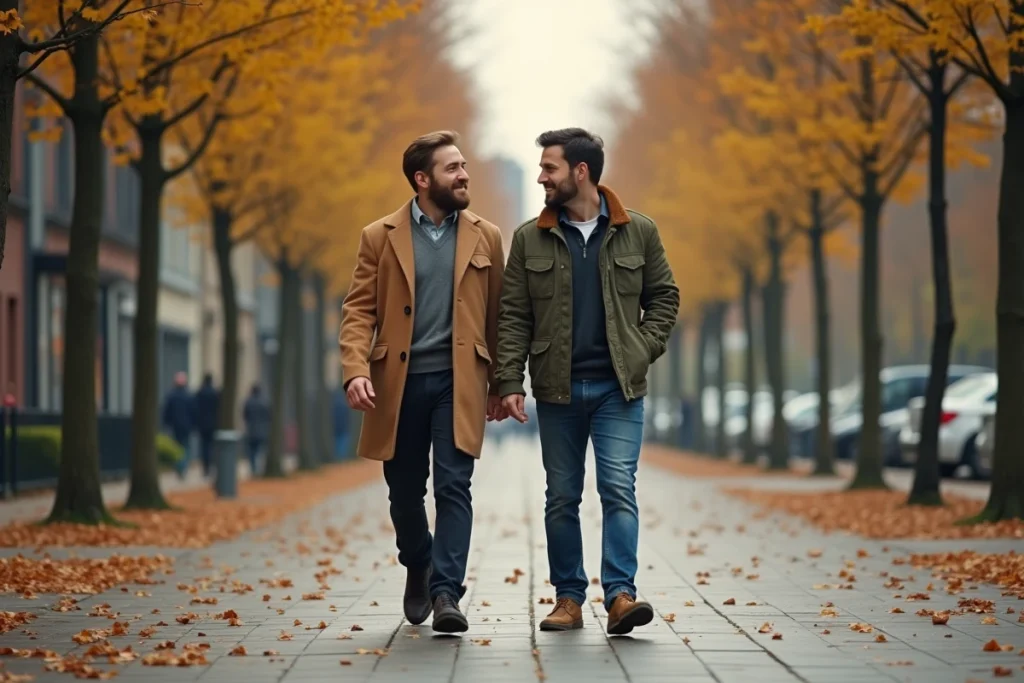 Couple masculin se promenant côte à côte sur une avenue parisienne en automne, évoquant une relation complice et sereine