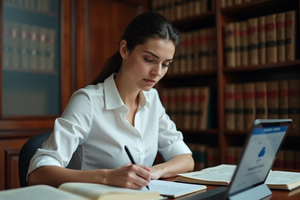 Femme juriste prenant des notes dans une bibliothèque juridique sur la réglementation française du stockage en ligne