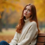 Jeune femme pensive assise dans un parc en automne, évoquant une relation amoureuse de jeunesse et les souvenirs nostalgiques