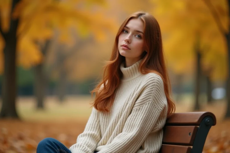 Jeune femme pensive assise dans un parc en automne, évoquant une relation amoureuse de jeunesse et les souvenirs nostalgiques