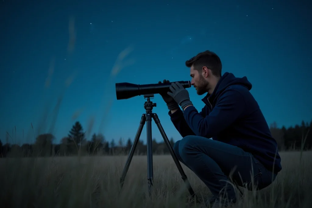 Homme observant le ciel nocturne avec un télescope réfracteur dans un champ à la campagne