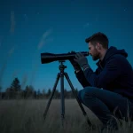 Homme observant le ciel nocturne avec un télescope réfracteur dans un champ à la campagne