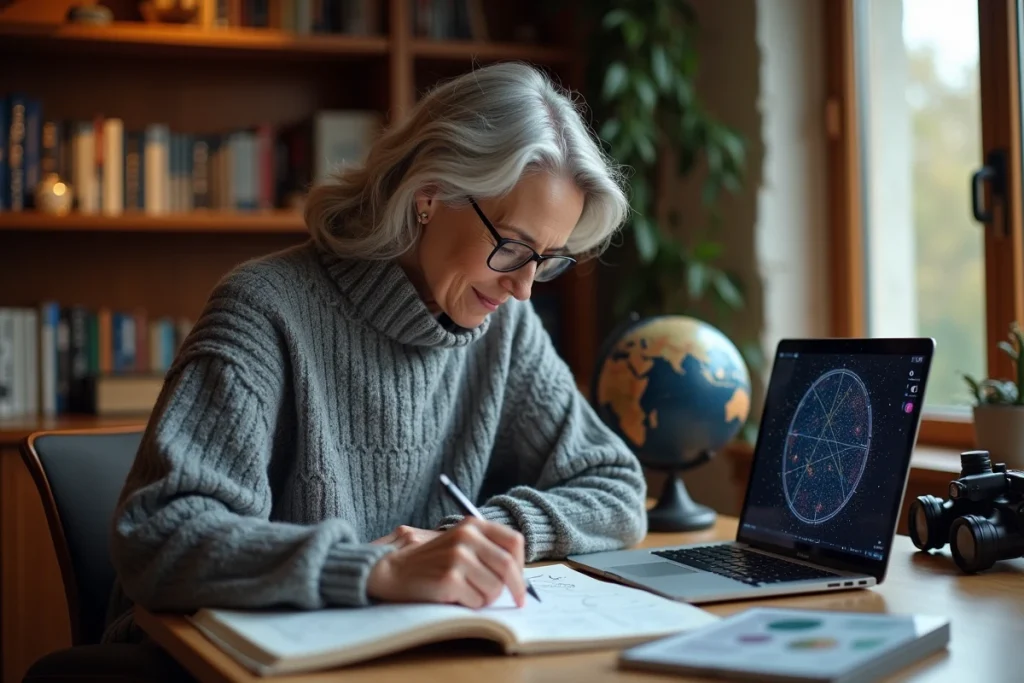 Femme étudiant une carte stellaire et un logiciel de planétarium pour préparer une session d'astronomie