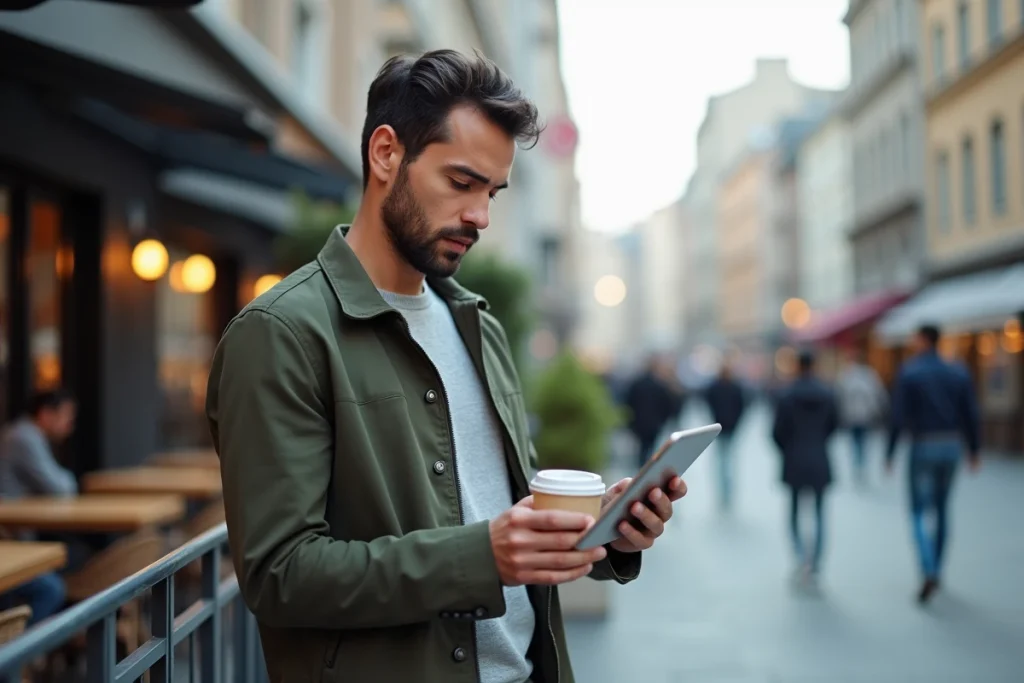 Professionnel indépendant debout en terrasse urbaine consultant sa tablette, incarnant la mobilité et la flexibilité du travail en freelance