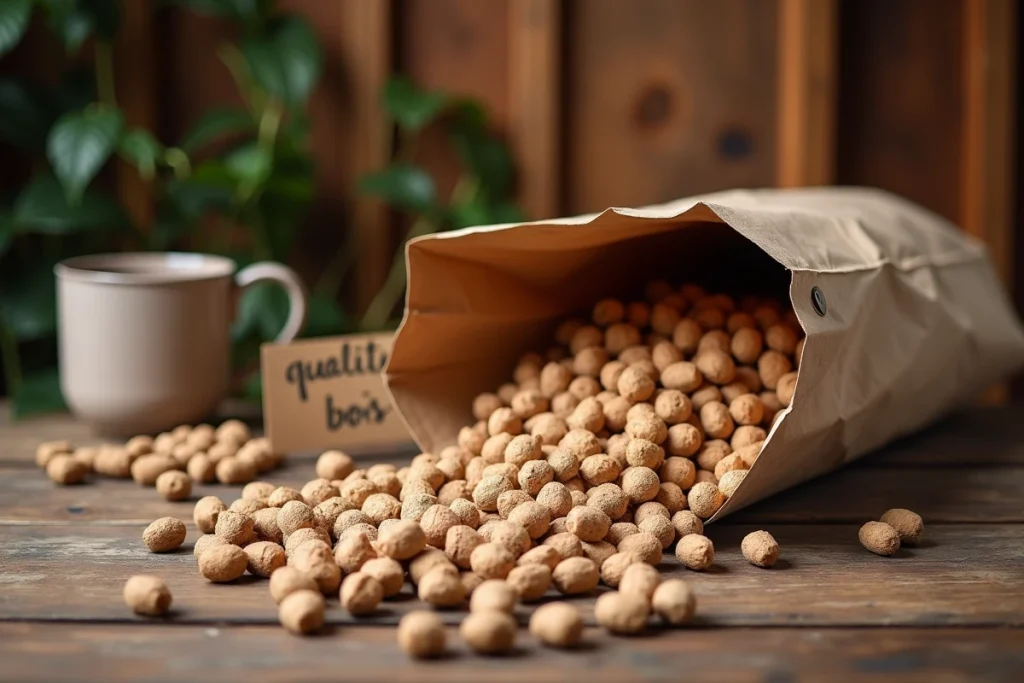 Gros plan sur des pellets en bois de qualité sortant d'un sac kraft dans un décor rustique