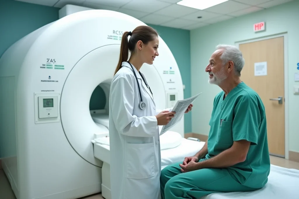 Radiologue expliquant les résultats d'une IRM à un patient âgé dans une salle d'imagerie médicale avec un scanner IRM visible en arrière-plan