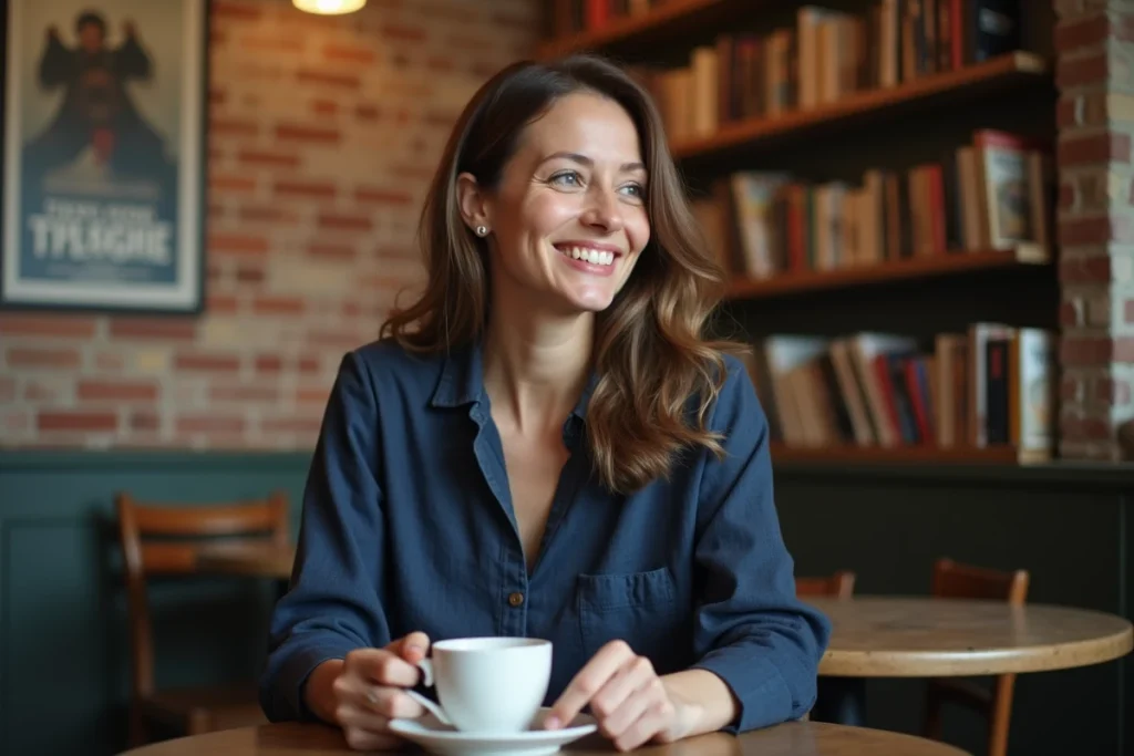 Femme souriante dans un café vintage tenant un café, évoquant les souvenirs d'un film culte et d'une relation marquante avec un co-acteur