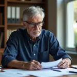 Senior homme en chemise bleue marine consultant des documents administratifs à son bureau en bois, illustrant la dispense de recherche d'emploi pour les seniors